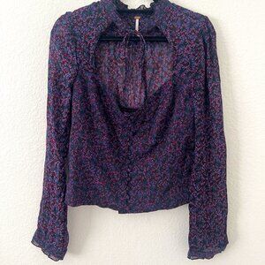 Free People Sz XL Black Ditsy Floral Cropped Top Blouse Boho Peasant Cottagecore